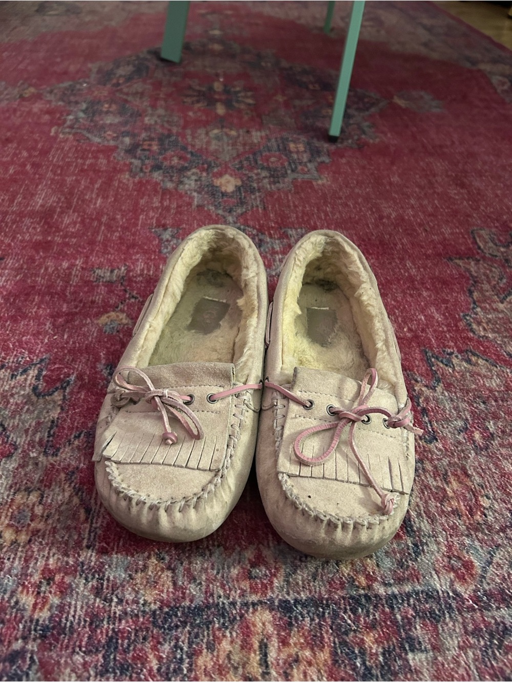 UGG Suede Moccasin Slippers with Pink Laces & Fringe